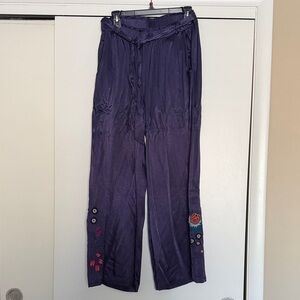 Johnny Was Purple Embroidered Wide-Leg Pants